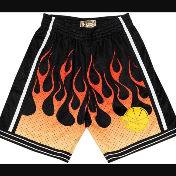 Men's Mitchell & Ness NBA Golden State Warriors Black 95 Flames Swingman Shorts - Picture 2 of 9